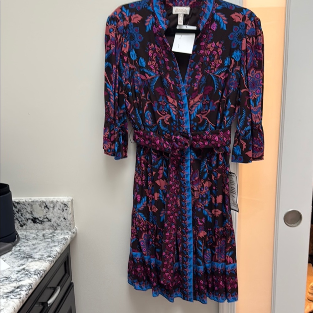 Women's Floral Wrap Dress in Black with Blue & Pink Accents
